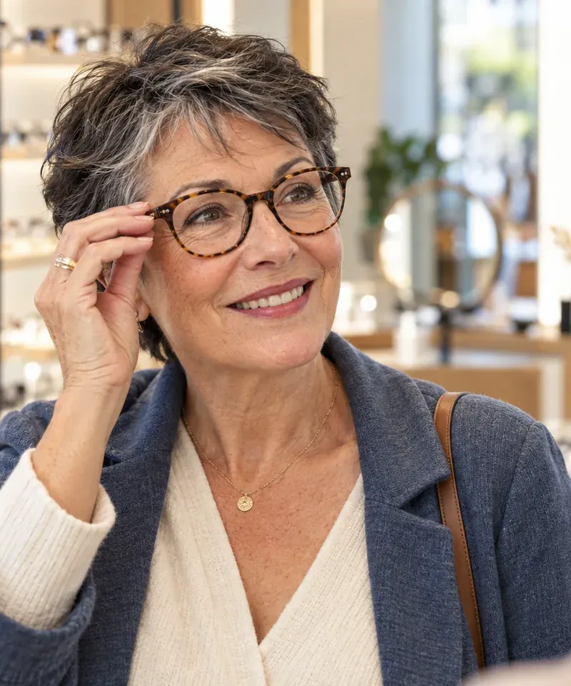 Senior qui essaie des lunettes chez l’opticien